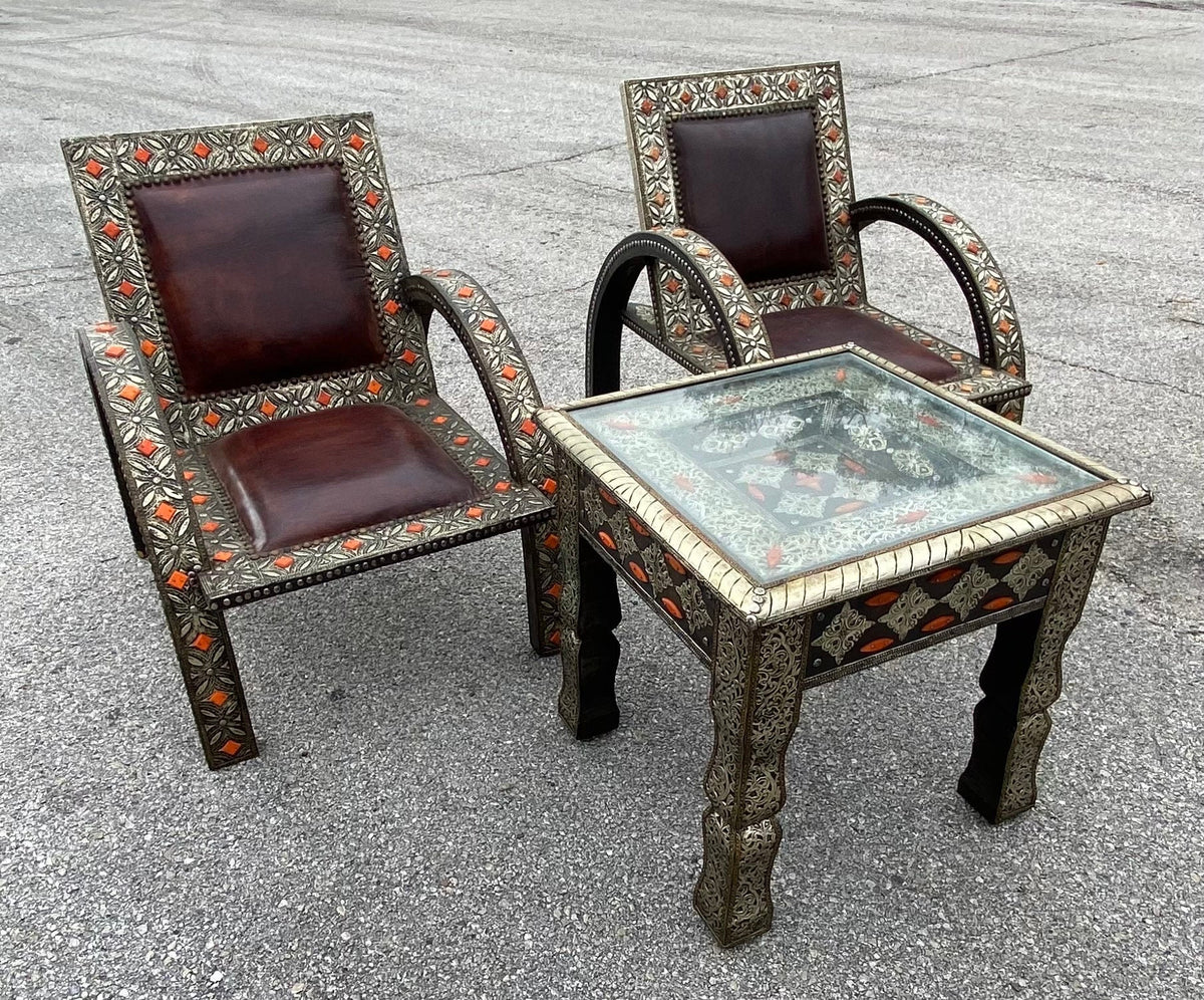 Vintage Silver Metal & Leather Moroccan Chairs, Touareg Bone Inlay