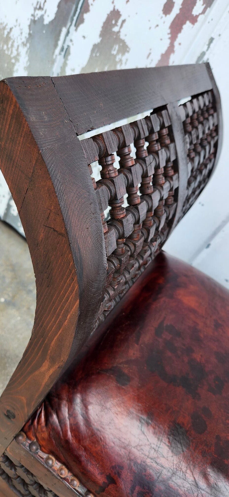 Vintage Moroccan Leather Chair, Handmade Mousharabia Wood Artwork