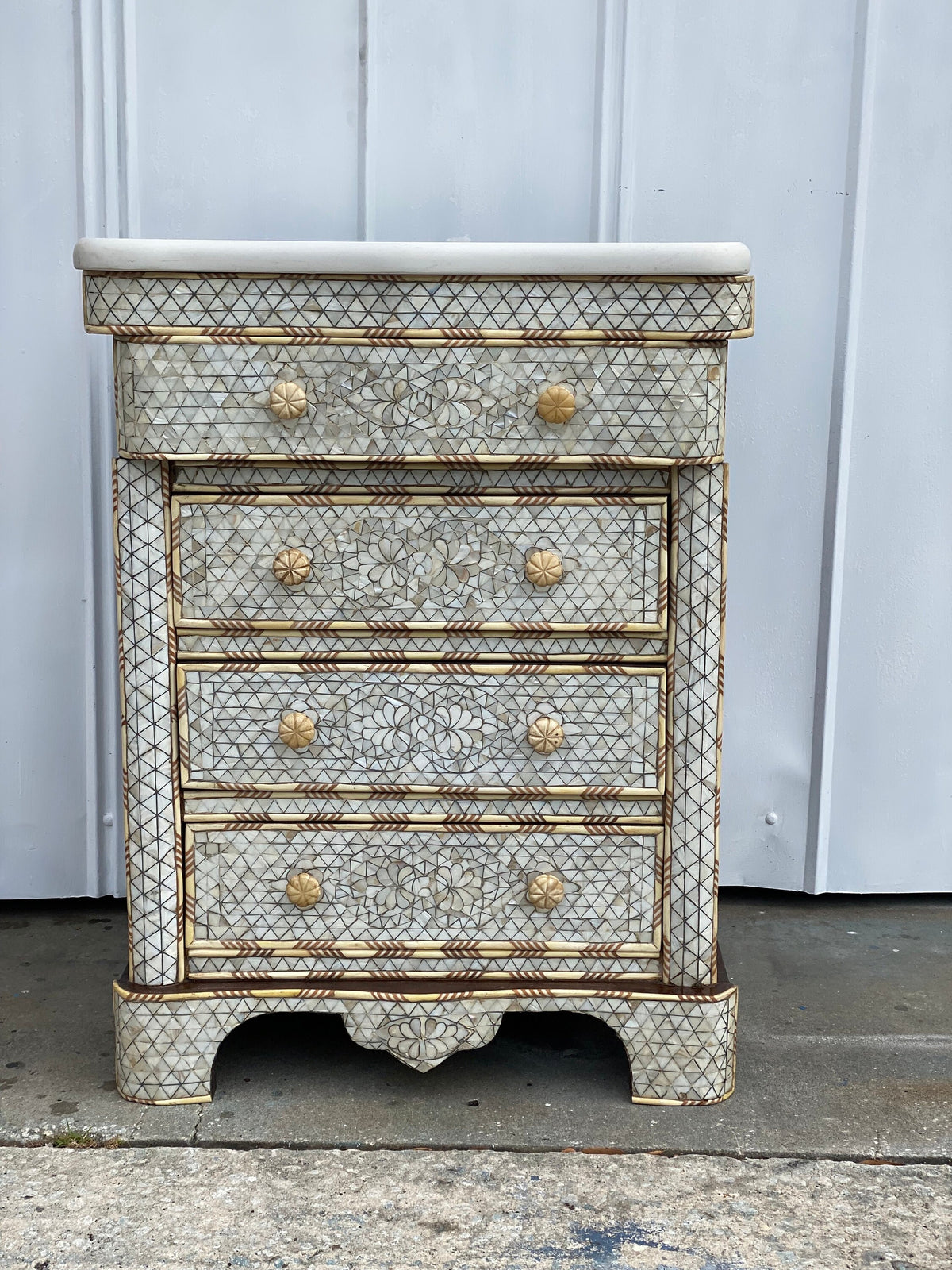 Vintage Mother of Pearl Inlay Nightstand, Syrian Chest with Marble Top