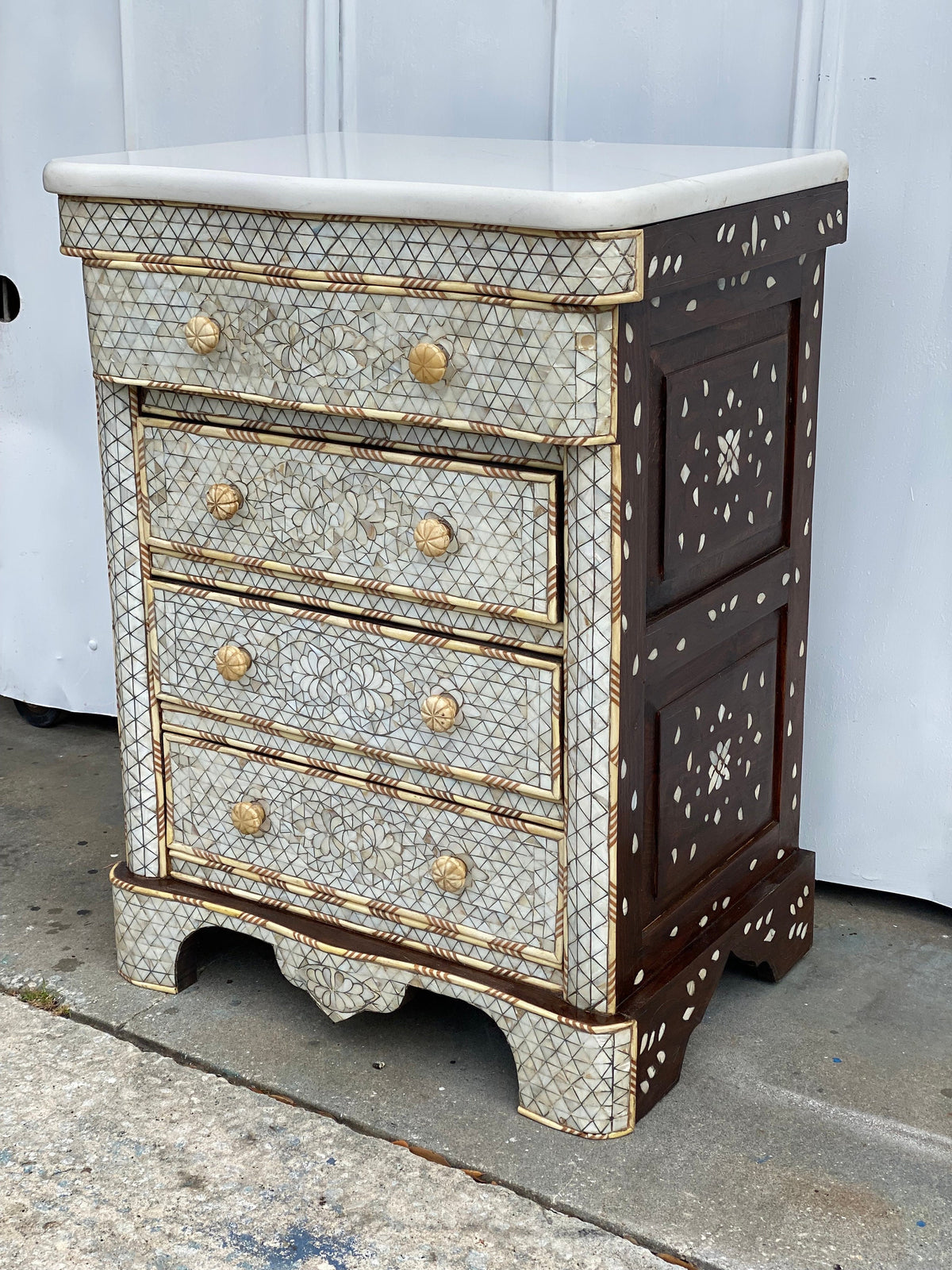 Vintage Mother of Pearl Inlay Nightstand, Syrian Chest with Marble Top