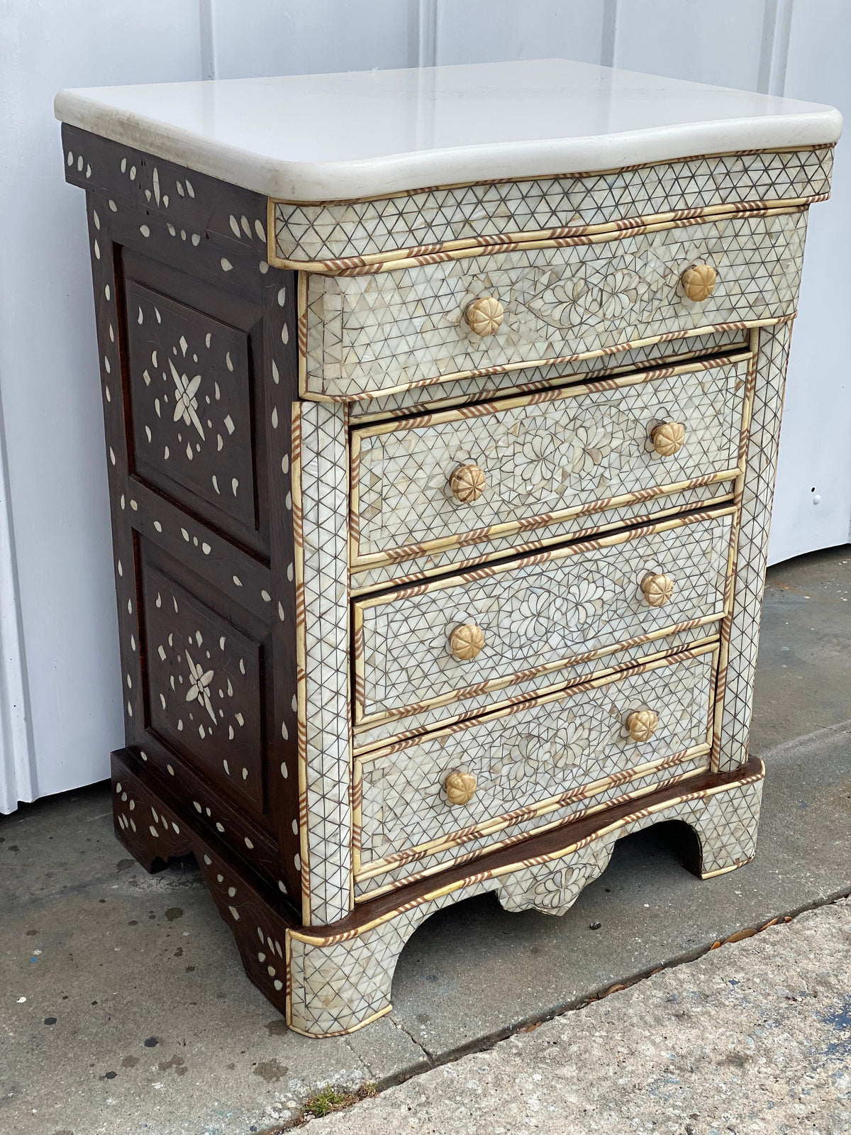 Vintage Mother of Pearl Inlay Nightstand, Syrian Chest with Marble Top