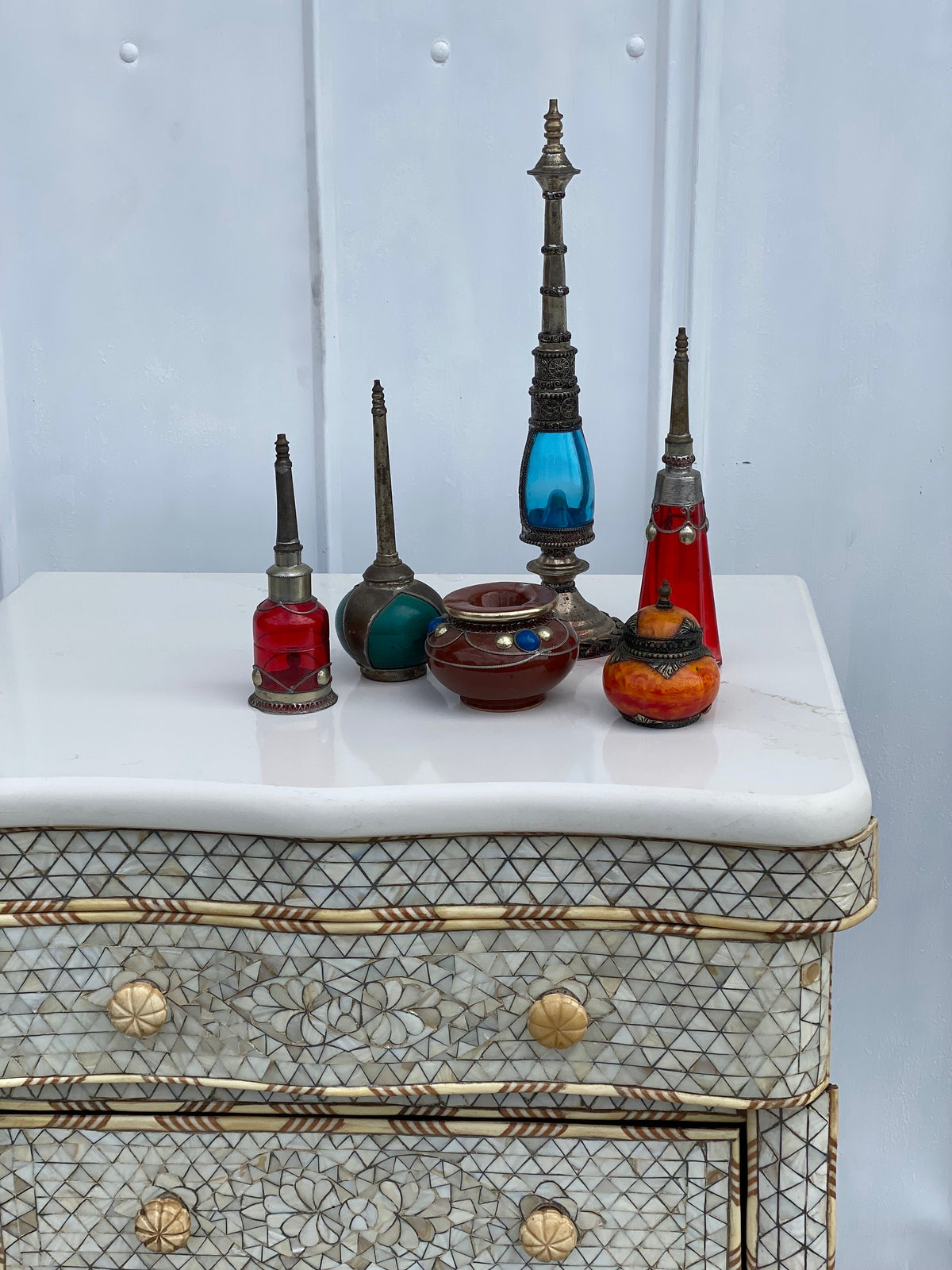 Vintage Mother of Pearl Inlay Nightstand, Syrian Chest with Marble Top