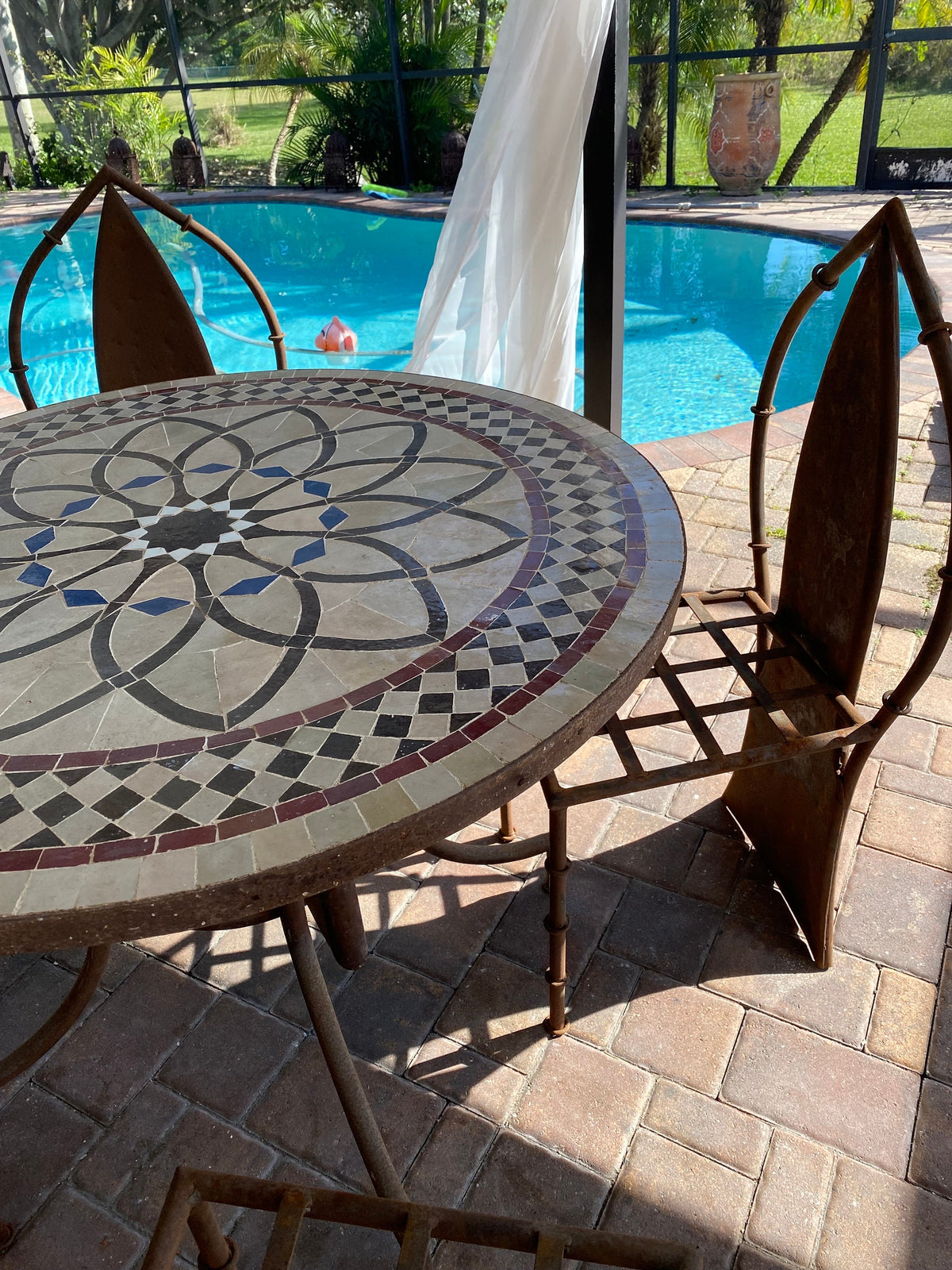 Handmade Moroccan Mosaic Tile Table, Rustic Wrought Iron Base (39 inch)