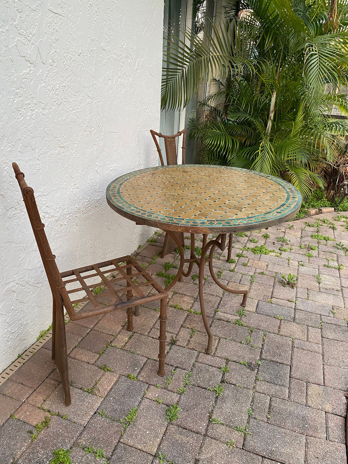 Handmade Moroccan Mosaic Tile Table, Rustic Wrought Iron Base, 39"
