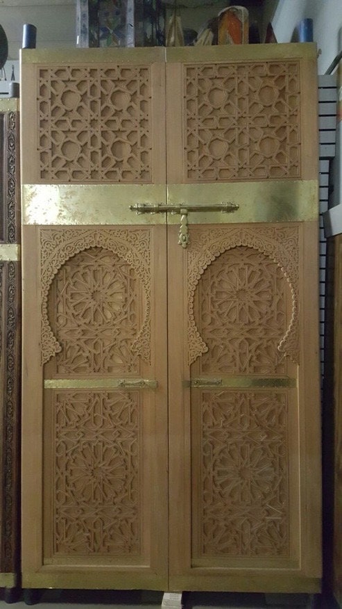 Handmade Moroccan Carved Cedar Double Door, Moorish Artwork (116x64.5)
