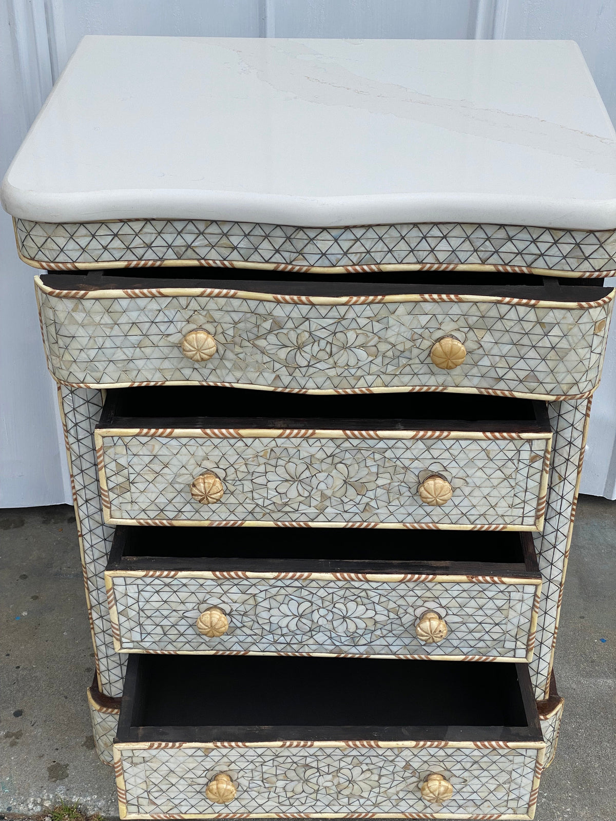 Vintage Mother of Pearl Inlay Nightstand, Syrian Chest with Marble Top