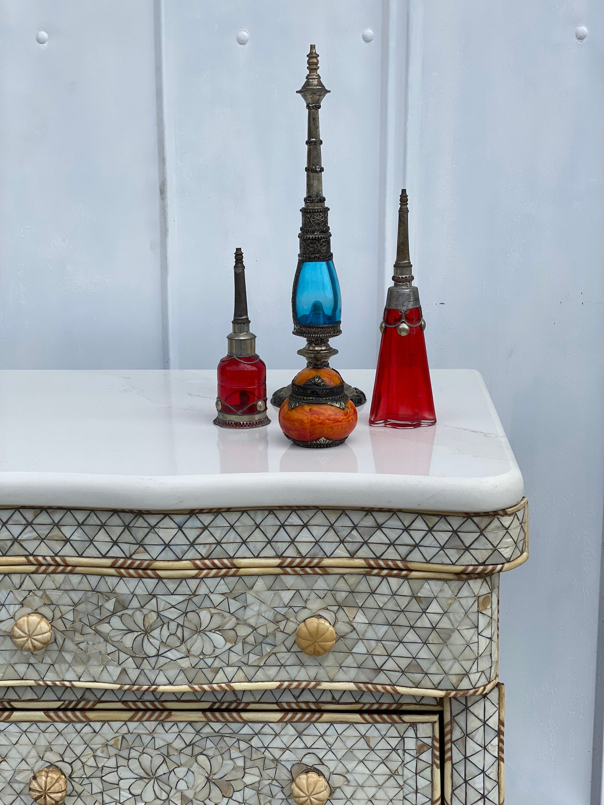 Vintage Mother of Pearl Inlay Nightstand, Syrian Chest with Marble Top