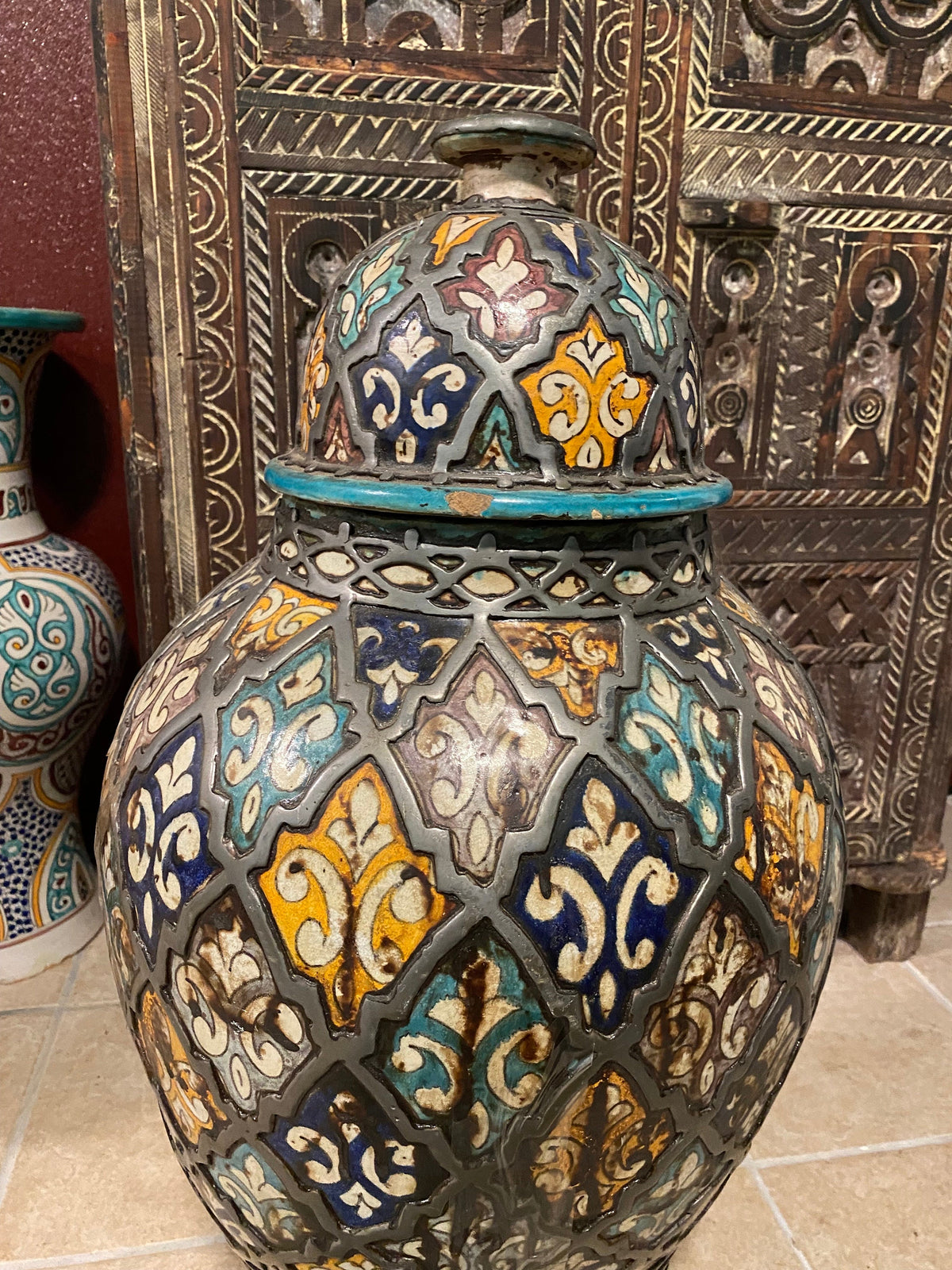 Vintage Moroccan Vase with Lid, Handmade Pottery, Metal Accents