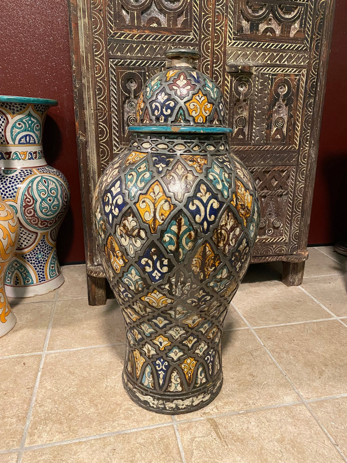 Vintage Moroccan Vase with Lid, Handmade Pottery, Metal Accents