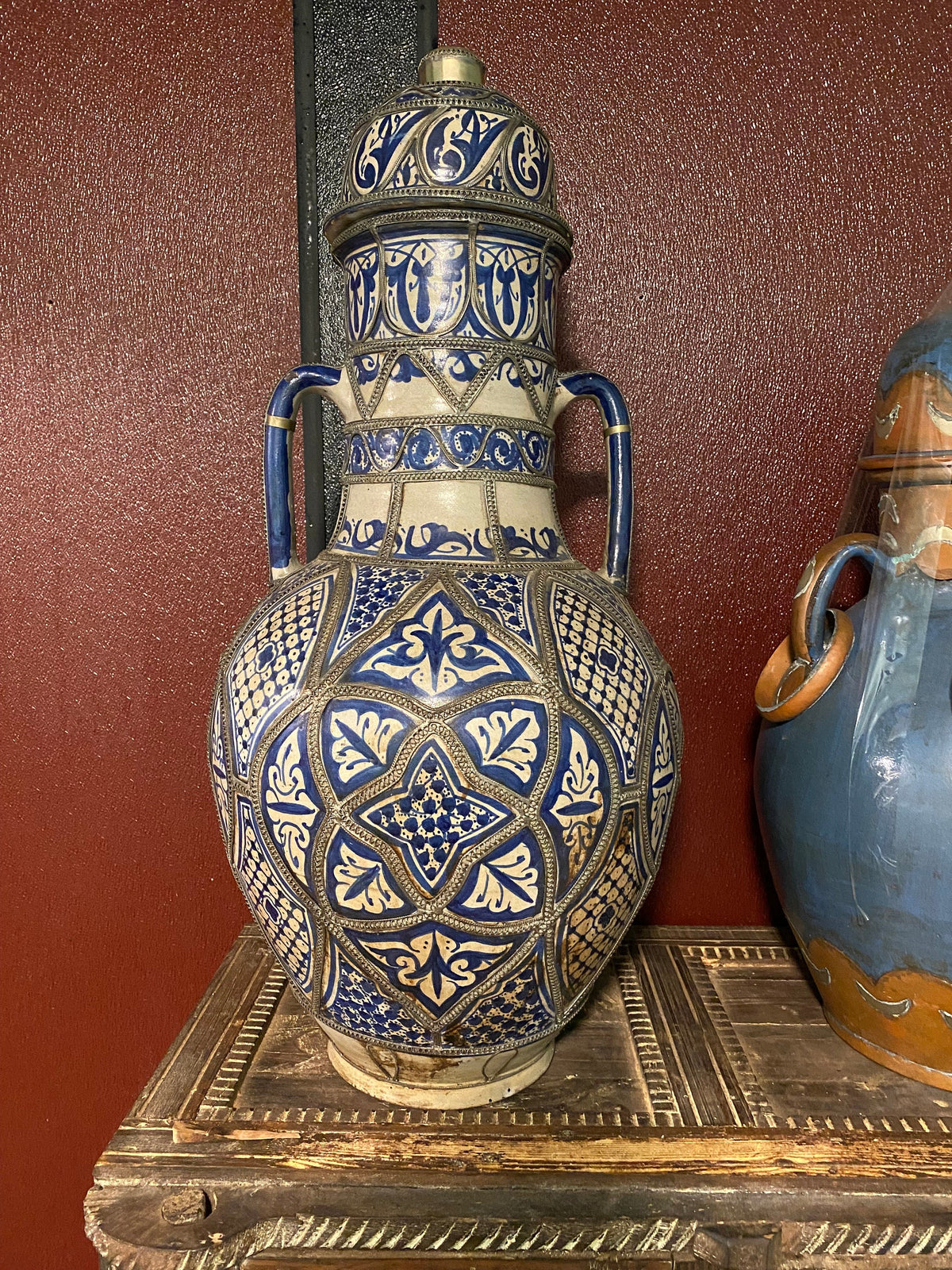 Handmade Blue Moroccan Vase, Metal Accents, Hand-Carved Pottery