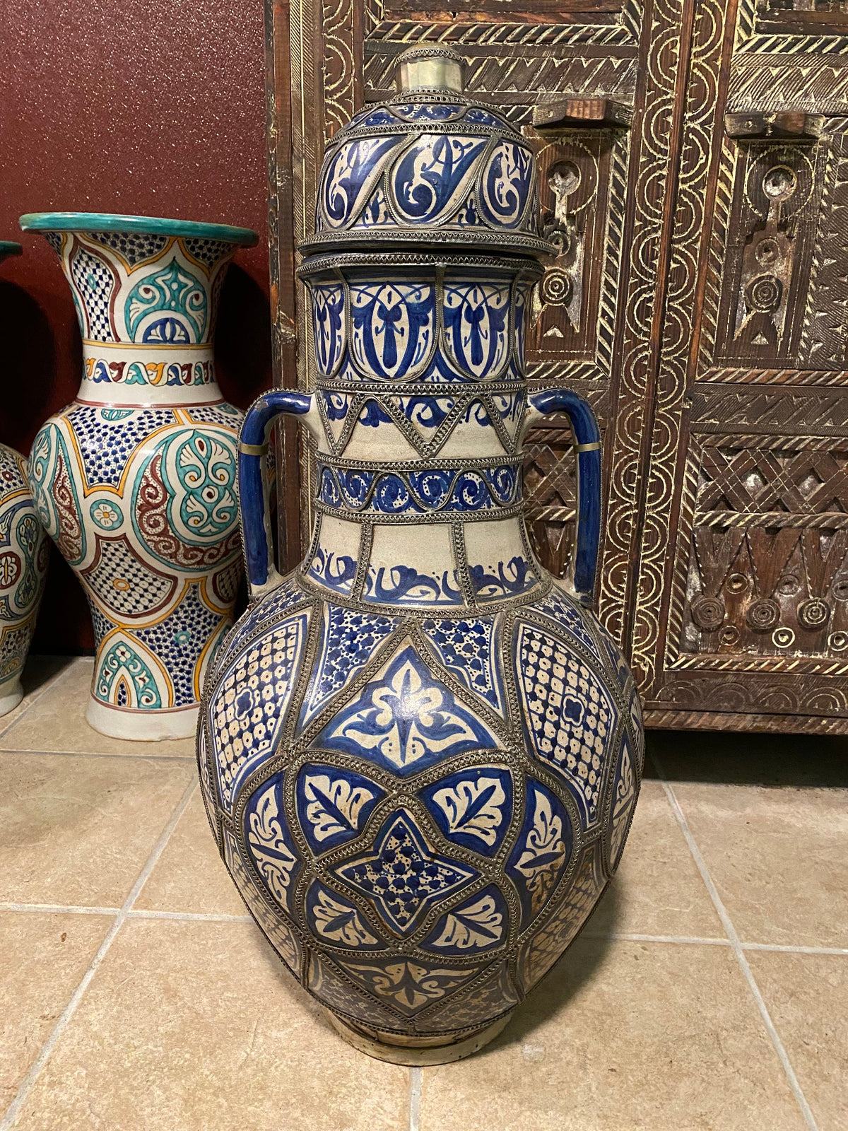 Handmade Blue Moroccan Vase, Metal Accents, Hand-Carved Pottery