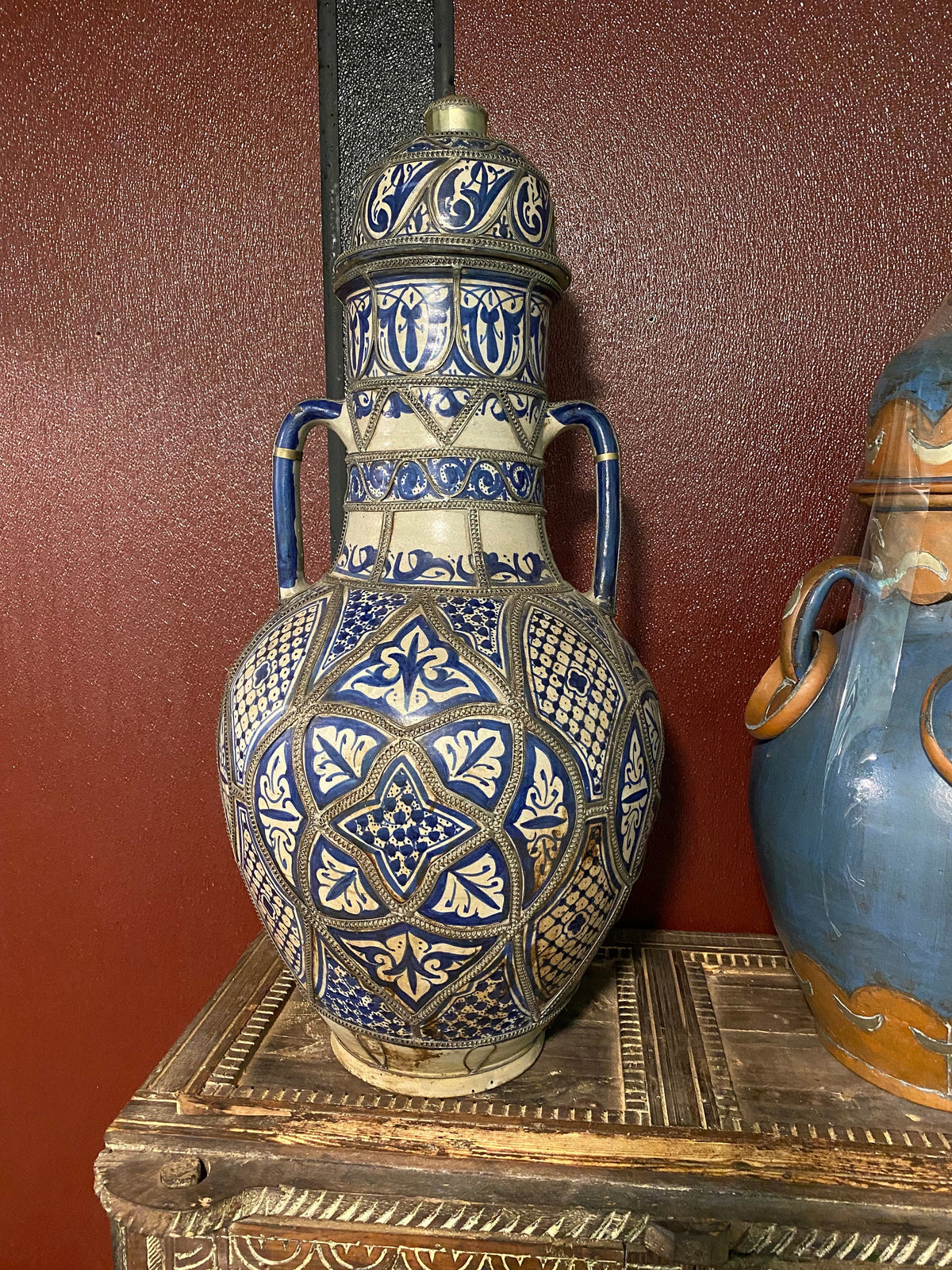Handmade Blue Moroccan Vase, Metal Accents, Hand-Carved Pottery