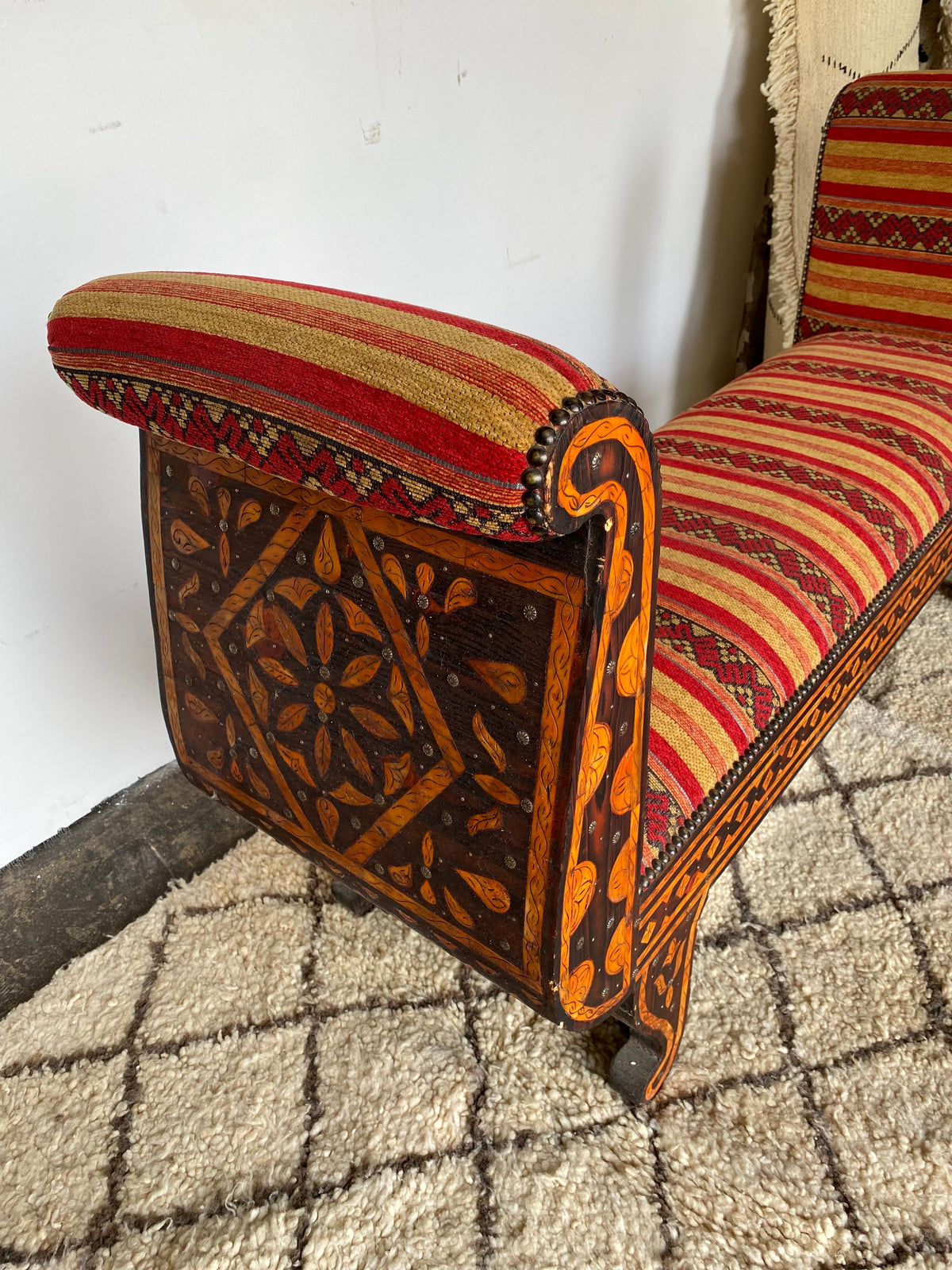 Vintage Moroccan Inlay Bench: Orange Bone & Upholstered Fabric Sofa