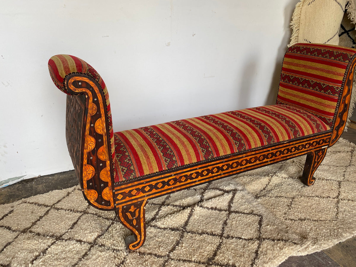 Vintage Moroccan Inlay Bench: Orange Bone & Upholstered Fabric Sofa