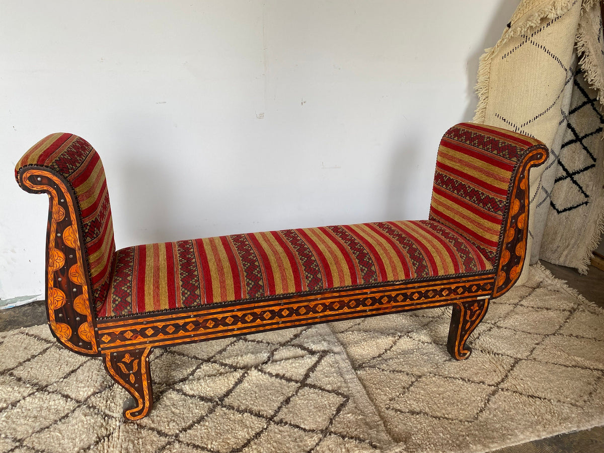 Vintage Moroccan Inlay Bench: Orange Bone & Upholstered Fabric Sofa