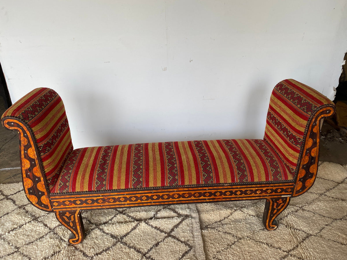 Vintage Moroccan Inlay Bench: Orange Bone & Upholstered Fabric Sofa