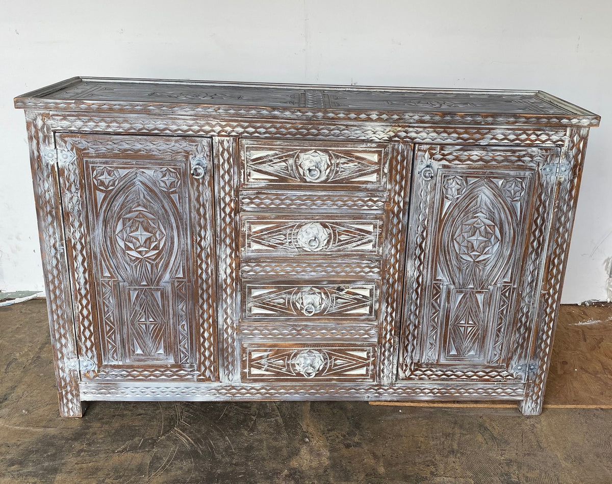 Handmade Berber Carved Wooden Credenza, Moroccan Buffet Cabinet