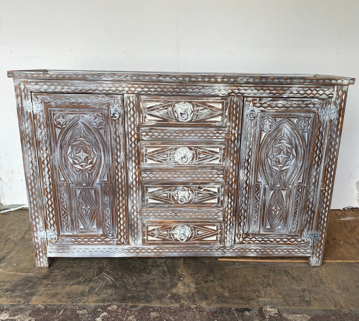 Handmade Berber Carved Wooden Credenza, Moroccan Buffet Cabinet