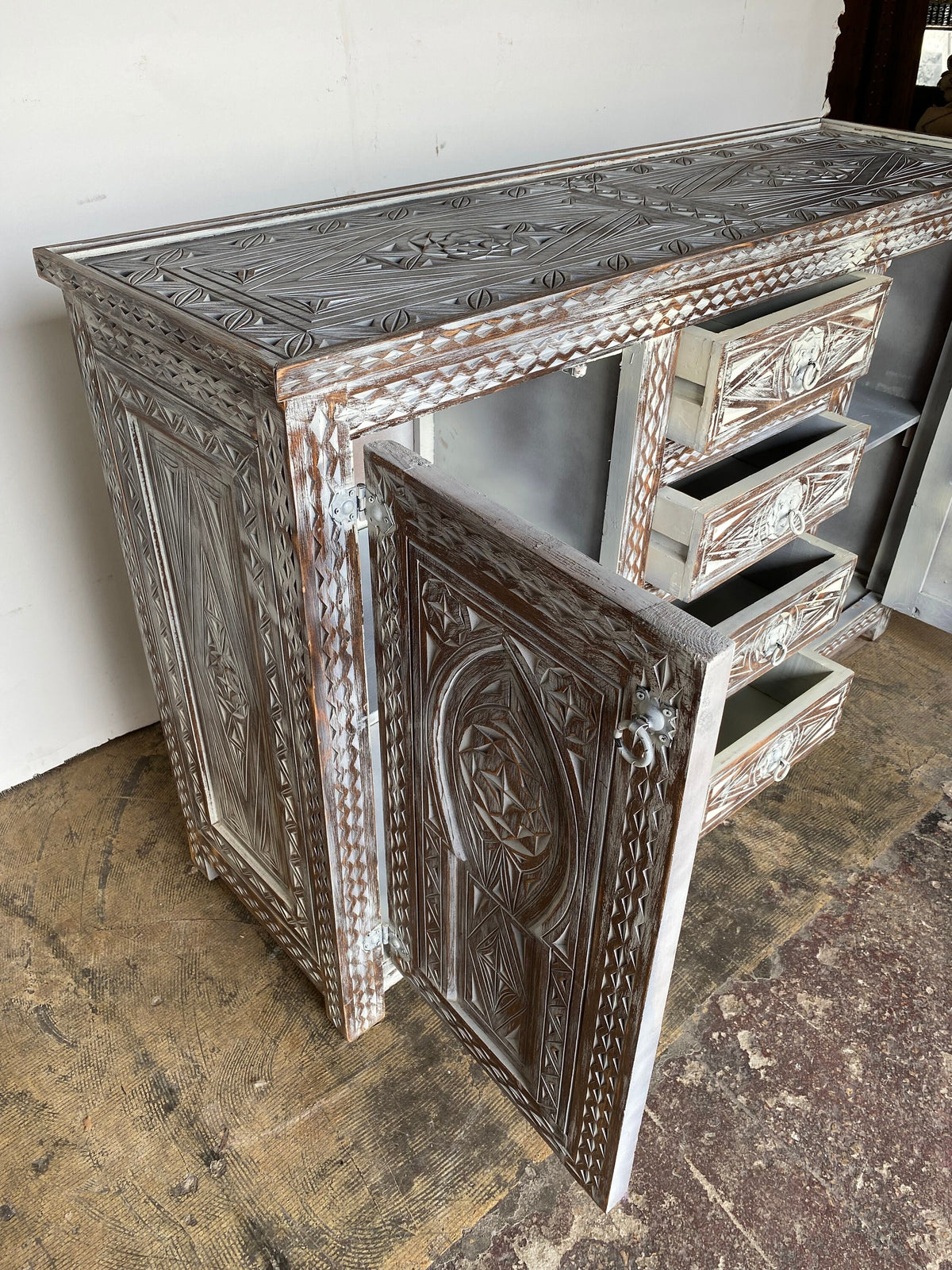 Handmade Berber Carved Wooden Credenza, Moroccan Buffet Cabinet