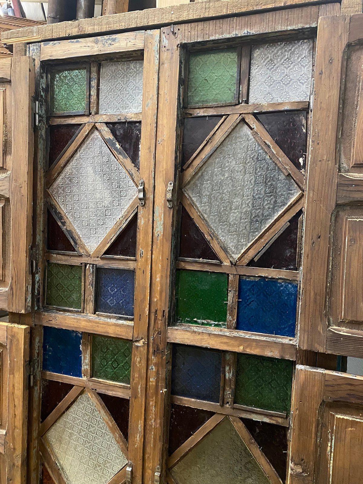 Antique Moroccan Stained Glass Window with Door Panels, Moorish Wood Artwork