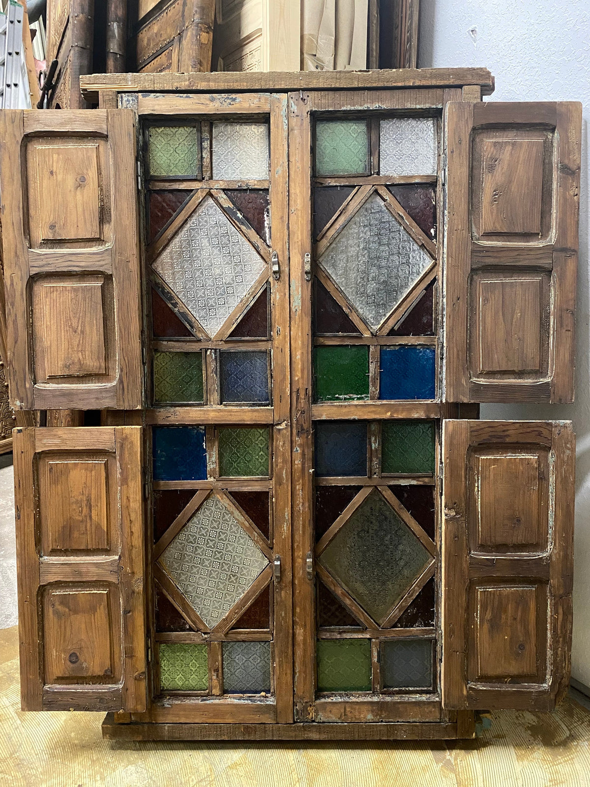 Antique Moroccan Stained Glass Window with Door Panels, Moorish Wood Artwork