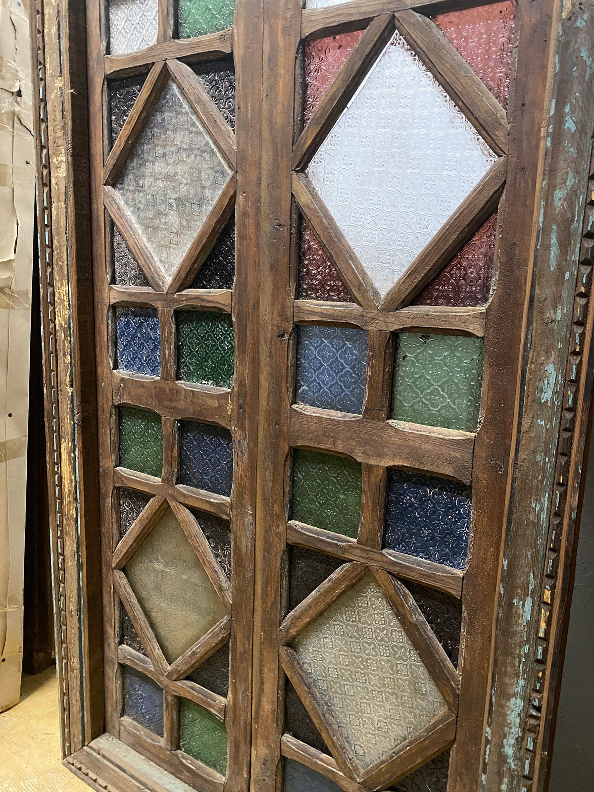 Antique Moroccan Stained Glass Window with Door Panels, Moorish Wood Artwork