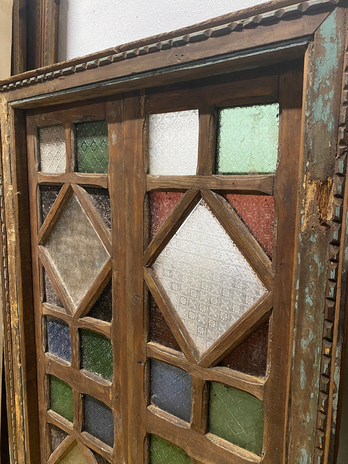Antique Moroccan Stained Glass Window with Door Panels, Moorish Wood Artwork