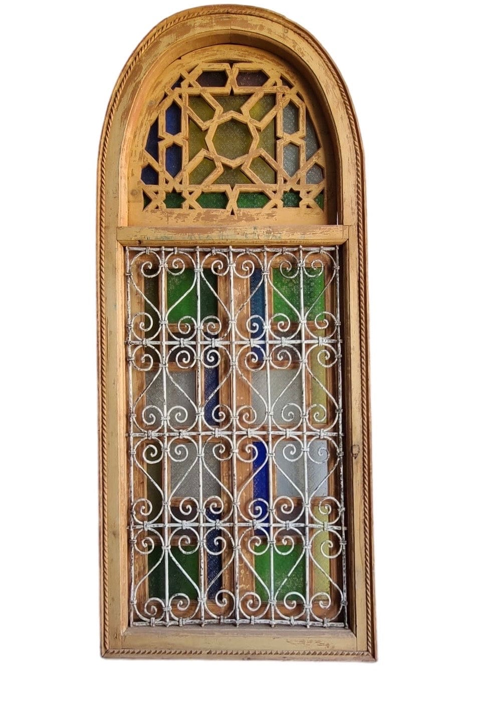 Antique Moroccan Window: Wrought Iron Filigree, Stained Glass (82” x 36”)
