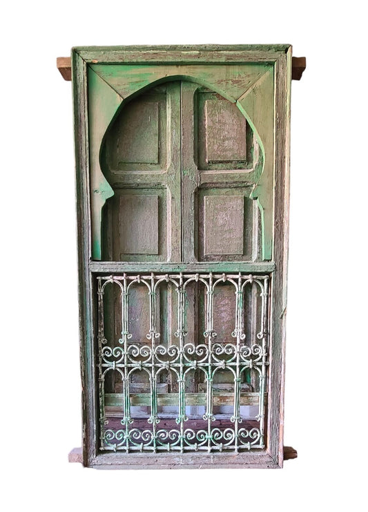 Vintage Moroccan Wood Window with Wrought Iron Filigree