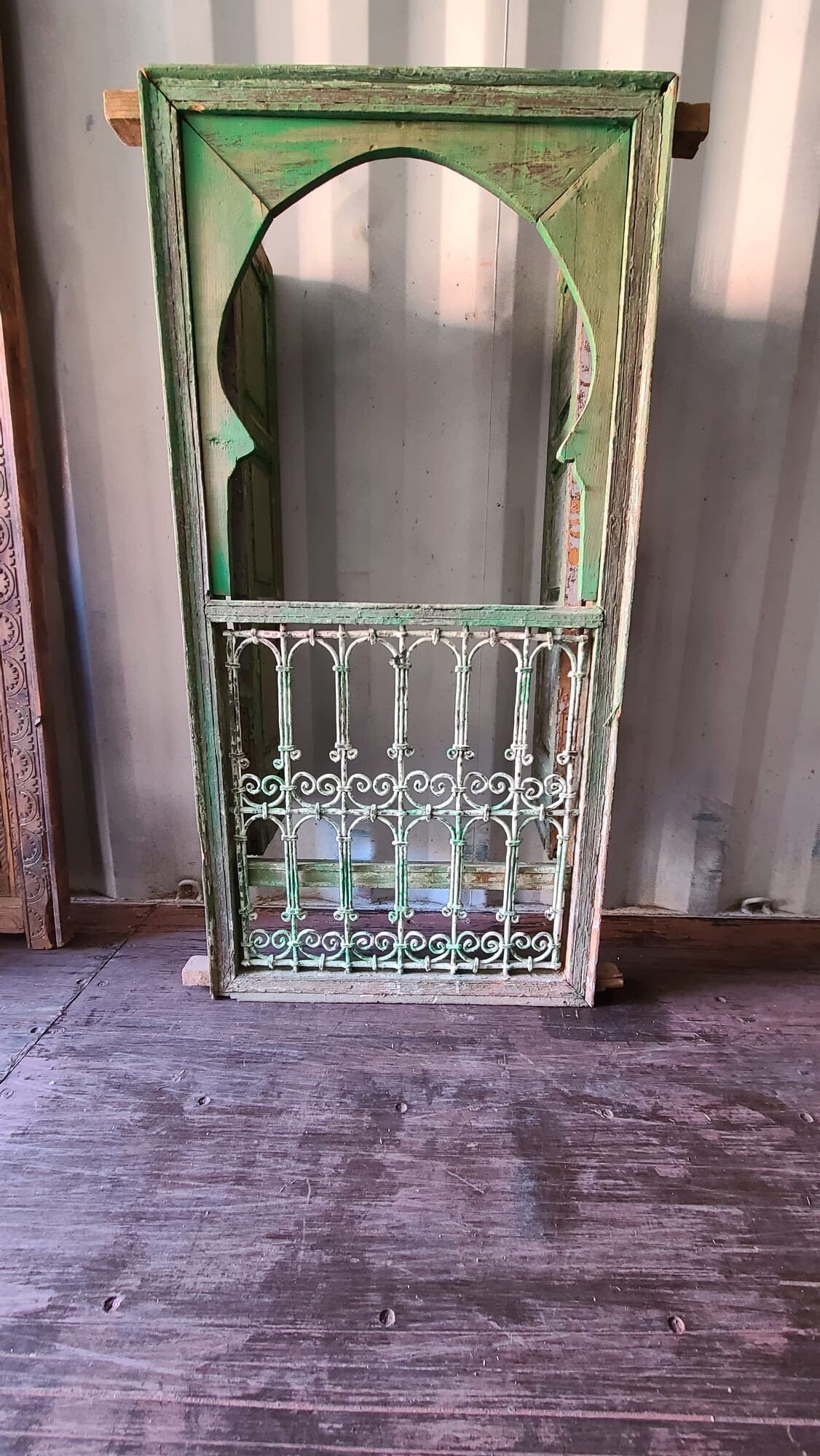 Vintage Moroccan Wood Window with Wrought Iron Filigree