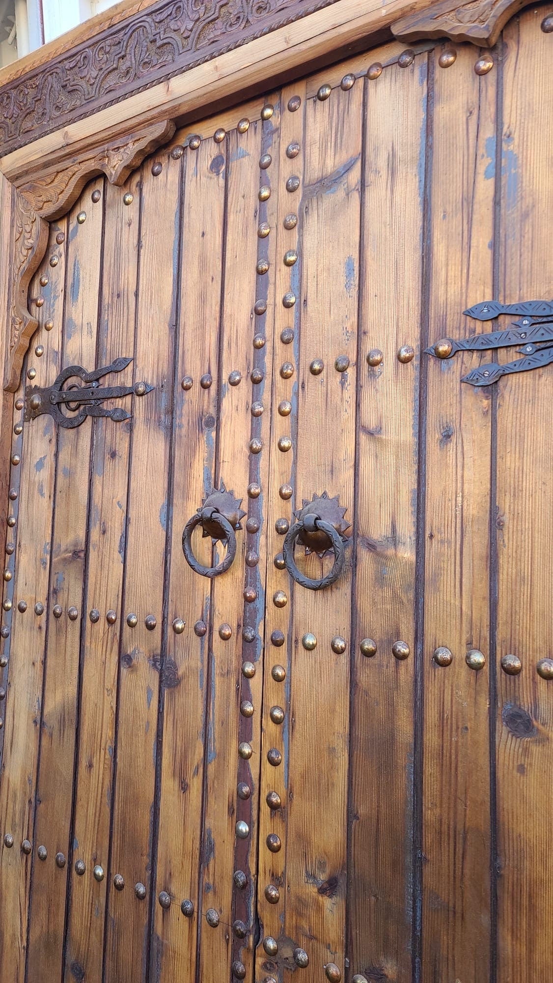 Vintage Moroccan Double Door: Handmade Carved Cedar with Metal Accents