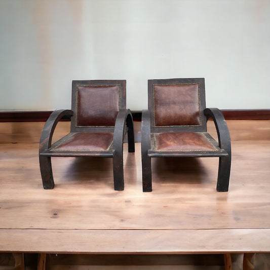 Vintage Handmade Moroccan Leather Chairs, Ethnic Living Room Decor