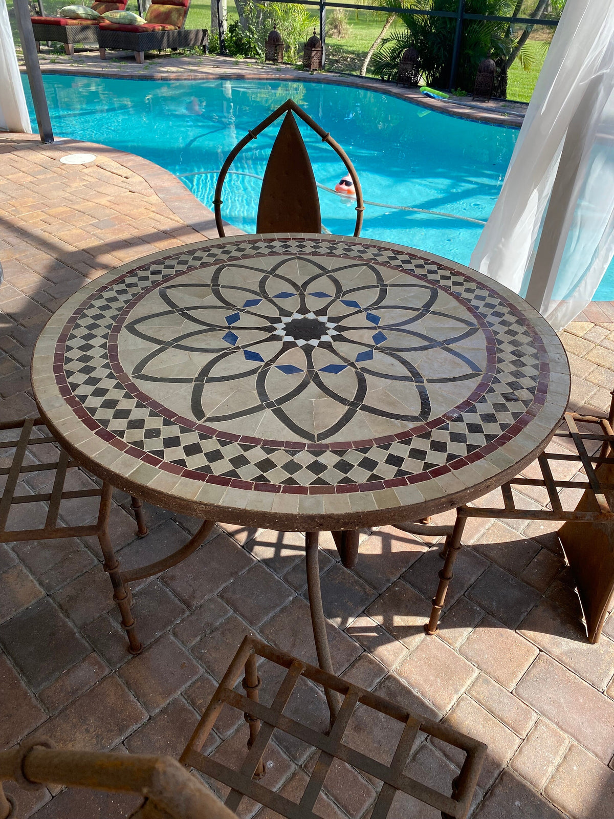 Handmade Moroccan Mosaic Tile Table, Rustic Wrought Iron Base (39 inch)