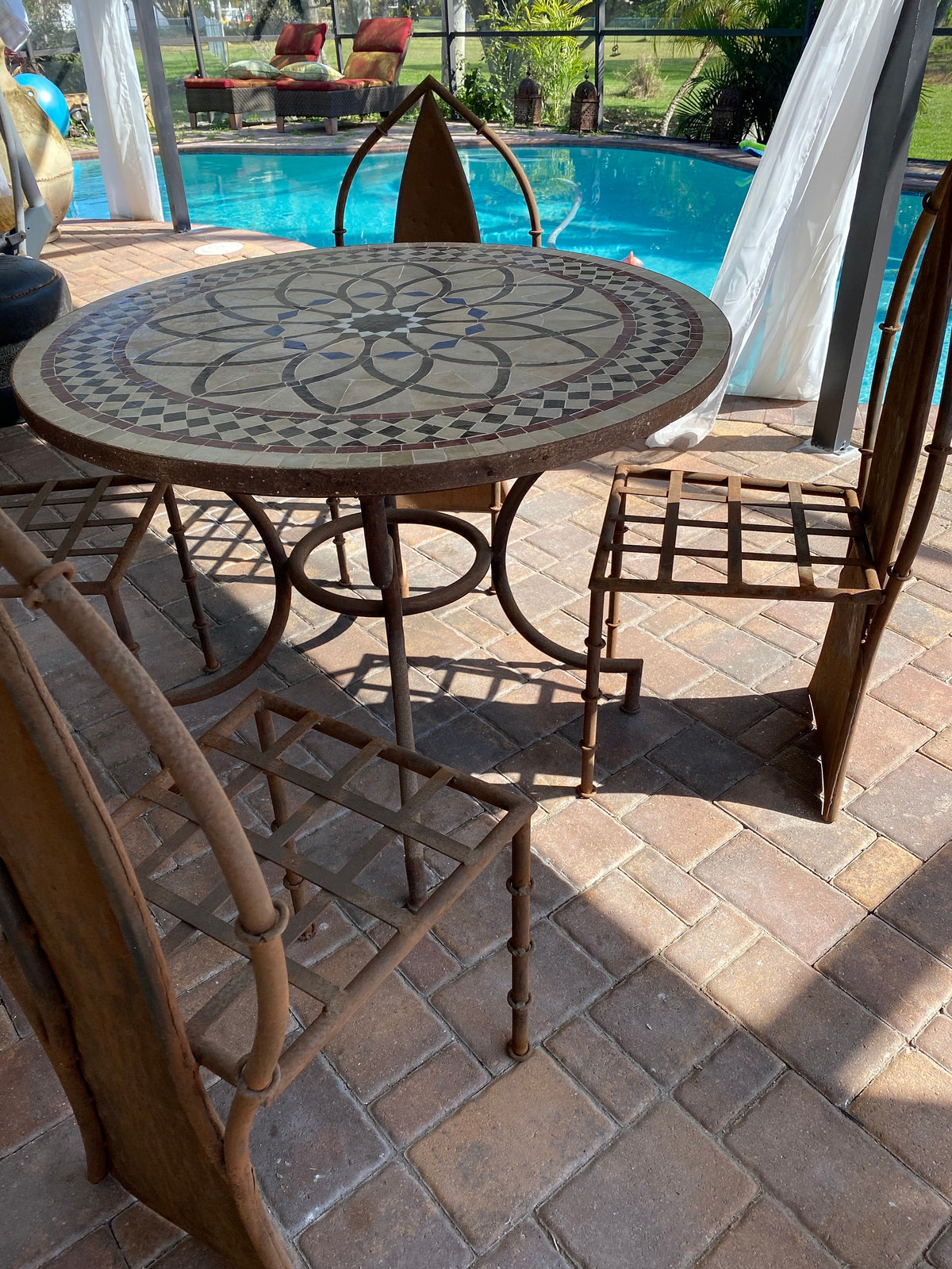 Handmade Moroccan Mosaic Tile Table, Rustic Wrought Iron Base (39 inch)