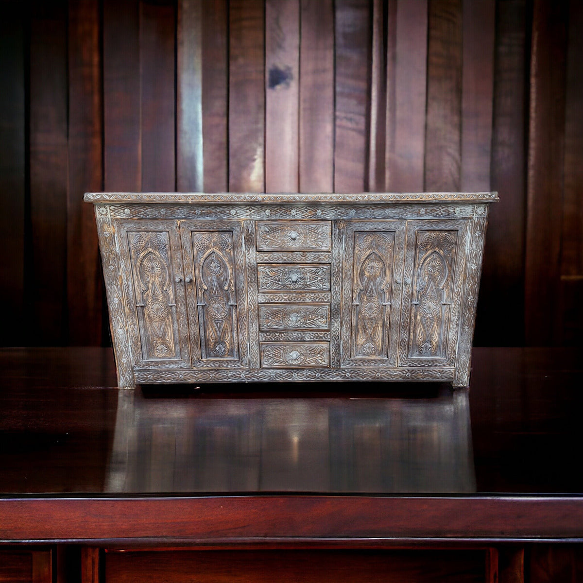 Handmade Berber Carved Wooden Credenza, Moroccan Buffet Cabinet