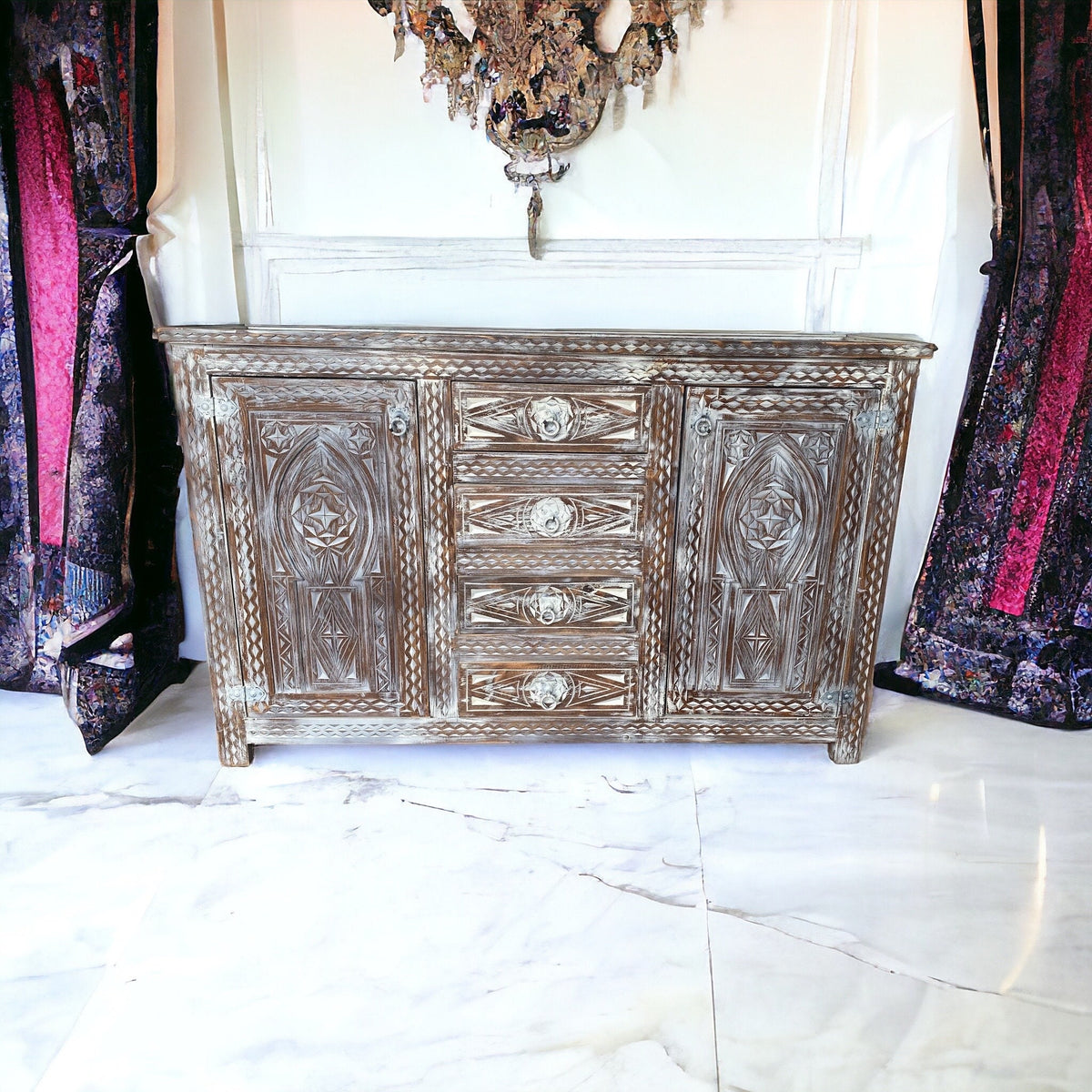 Handmade Berber Carved Wooden Credenza, Moroccan Buffet Cabinet