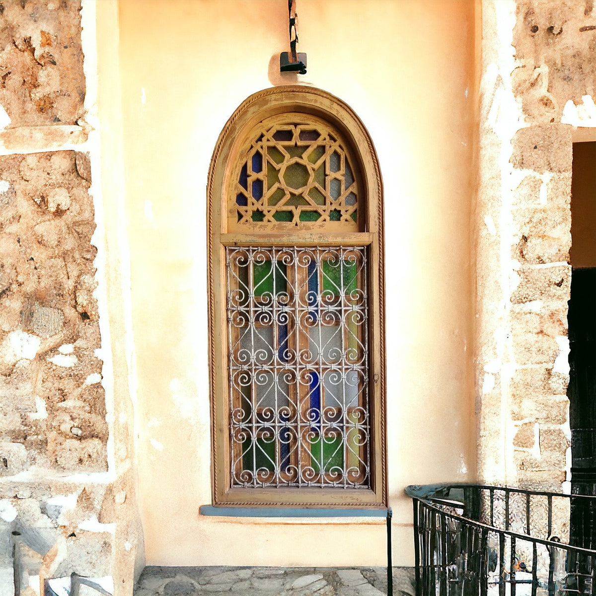 Antique Moroccan Window: Wrought Iron Filigree, Stained Glass (82” x 36”)
