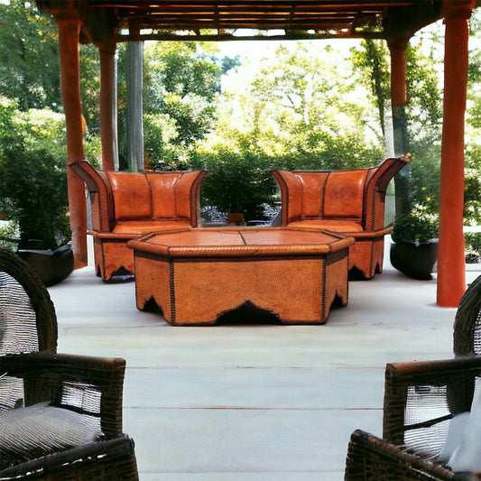 Vintage Orange Leather Moroccan Table and Chairs Set, Handmade Solid Wood
