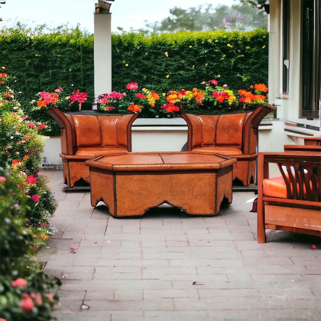 Vintage Orange Leather Moroccan Table and Chairs Set, Handmade Solid Wood