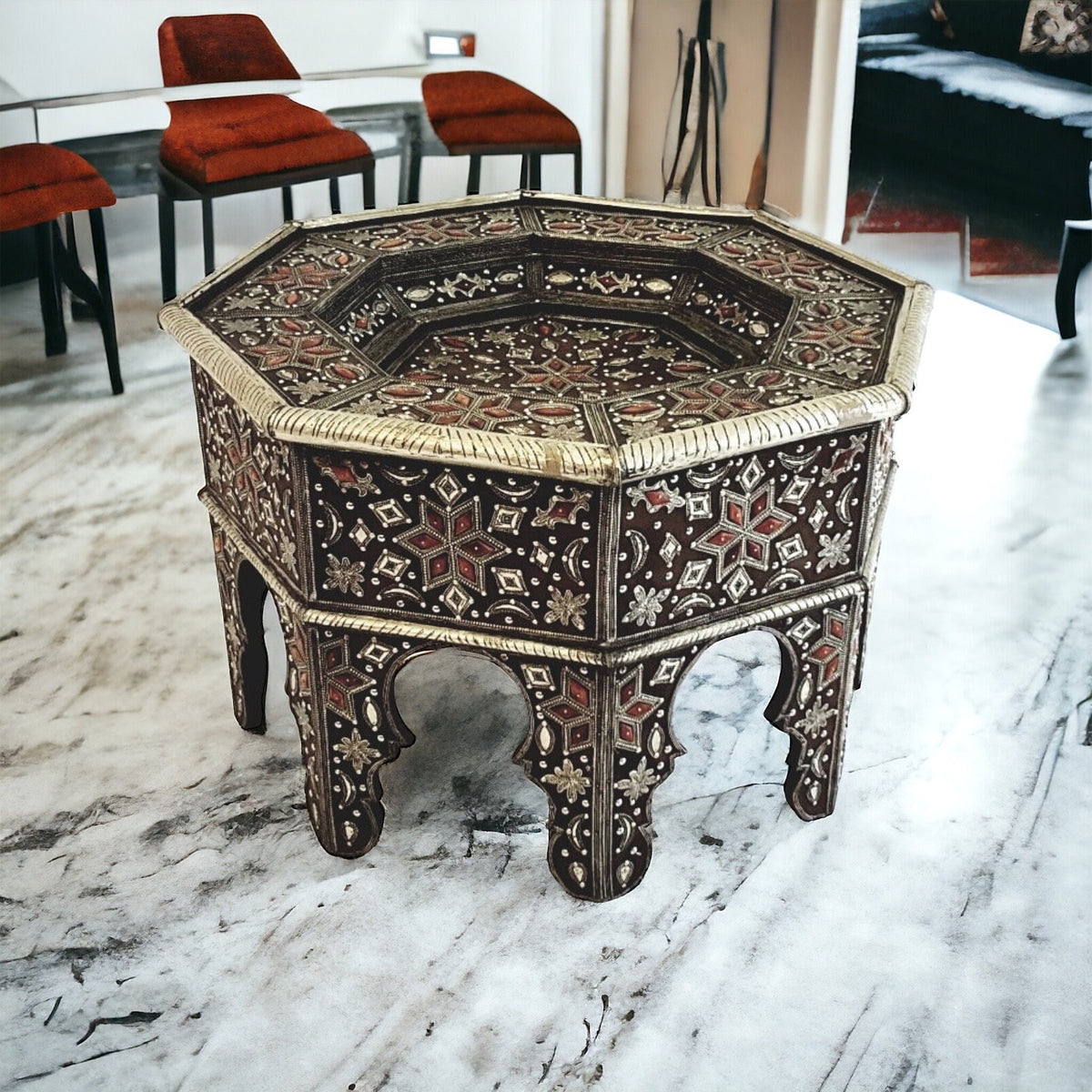 Vintage Moroccan Camel Bone Inlaid Table with Silver Accents