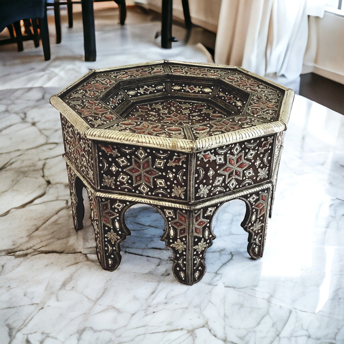 Vintage Moroccan Camel Bone Inlaid Table with Silver Accents