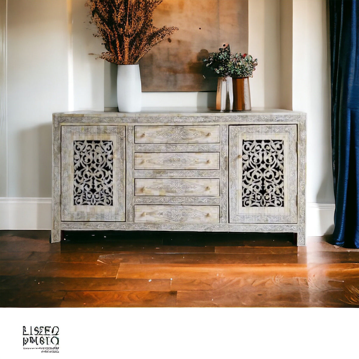 Vintage Moroccan Camel Bone Inlay Cabinet, Berber Chest of Drawers