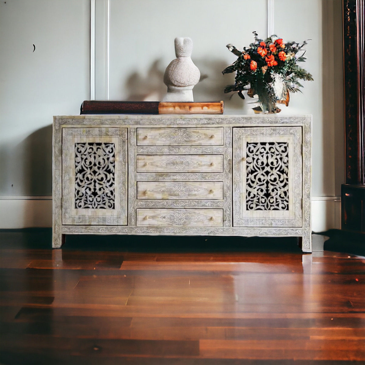Vintage Moroccan Camel Bone Inlay Cabinet, Berber Chest of Drawers
