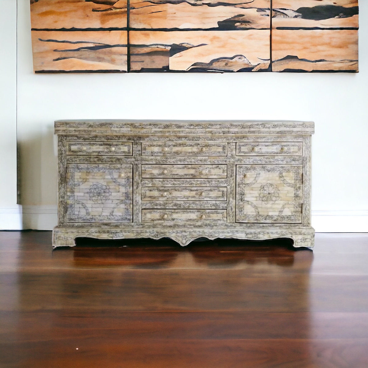 Vintage Moroccan Camel Bone Inlay Cabinet, Handcrafted Berber Chest