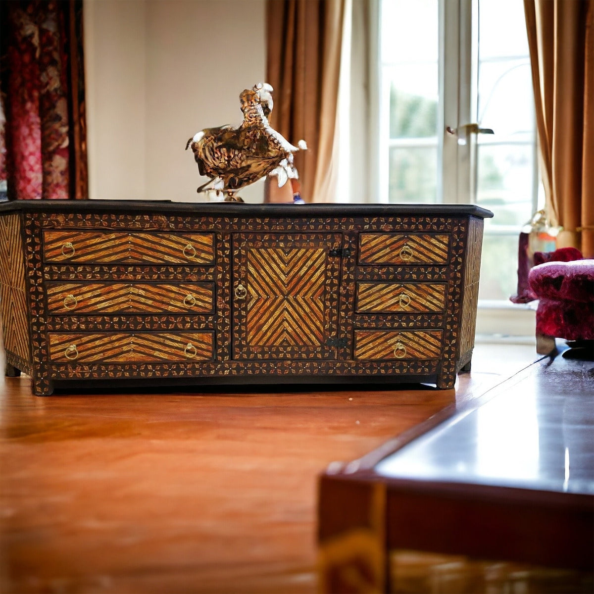 Vintage Moroccan Buffet: Orange Bone Inlay, Handmade Wood Cabinet (81x28x18)