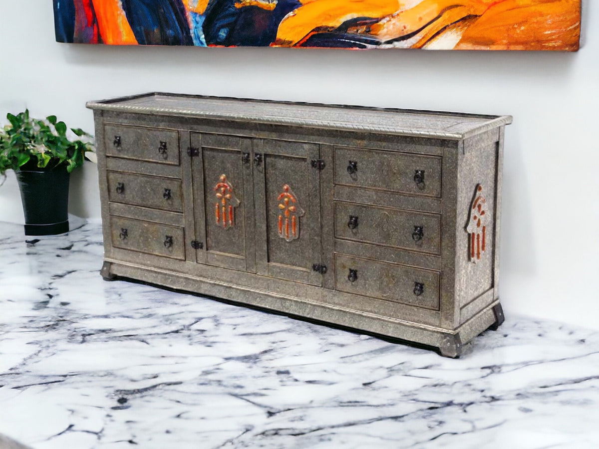 Handmade Moroccan Silver Metal Cabinet: Hamsa Hand Dresser, Solid Wood