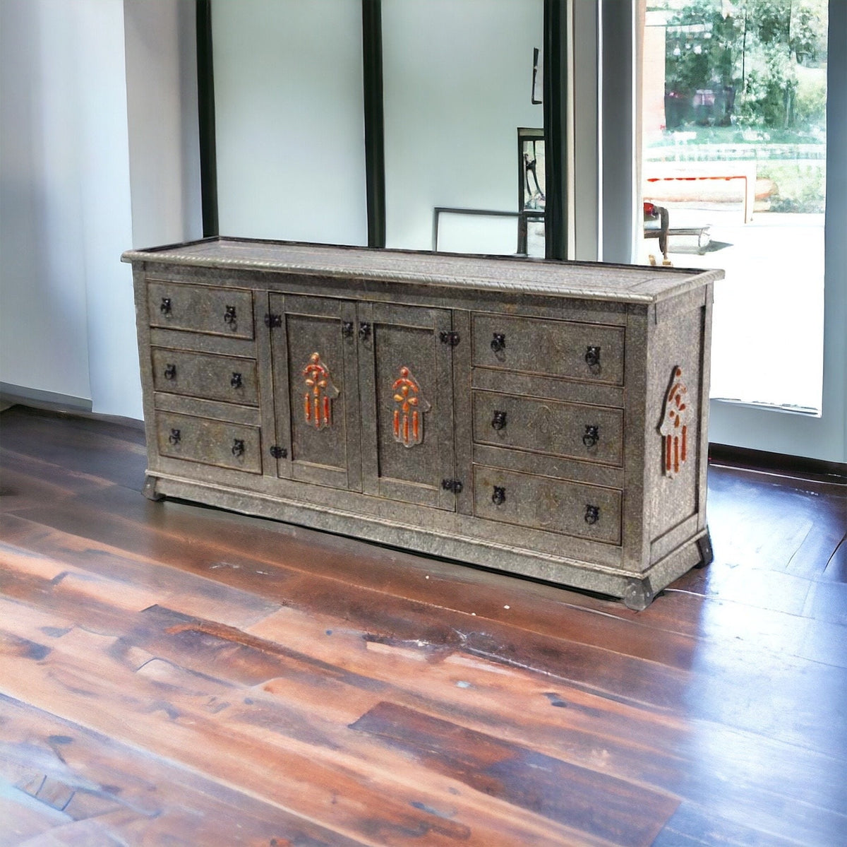 Handmade Moroccan Silver Metal Cabinet: Hamsa Hand Dresser, Solid Wood