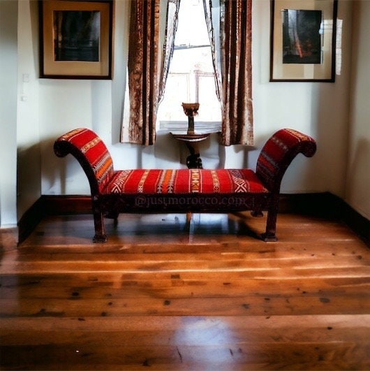 Handmade Carved Wooden Moroccan Kilim Bench, Arabic Decor (76x28 inches)