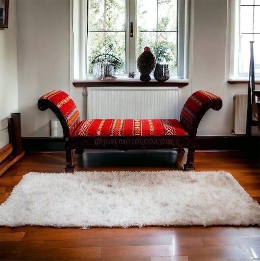 Handmade Carved Wooden Moroccan Kilim Bench, Arabic Decor (76x28 inches)