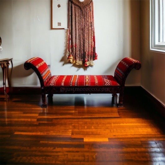 Handmade Carved Wooden Moroccan Kilim Bench, Arabic Decor (76x28 inches)